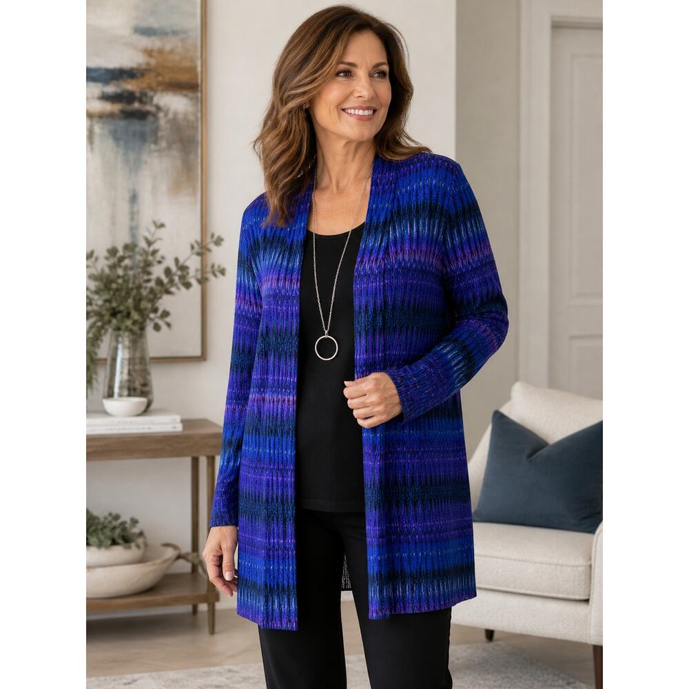 Susan Graver Liquid Knit Cardigan Blue Purple Open Front Size Large